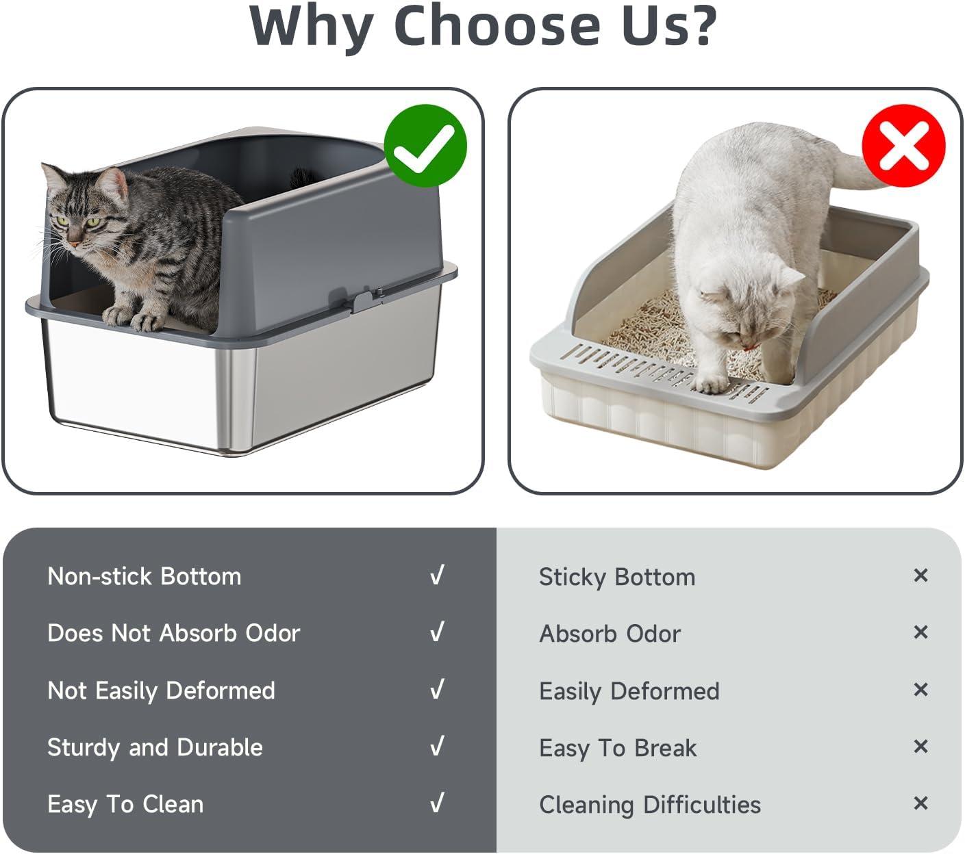 Enclosed Stainless Steel Cat Litter Box with Lid Extra Large Litter Box for Big Cats XL Metal Litter Pan Tray with High Wall Sides Enclosure, Non-Sticky, Anti-Leakage, Easy Cleaning