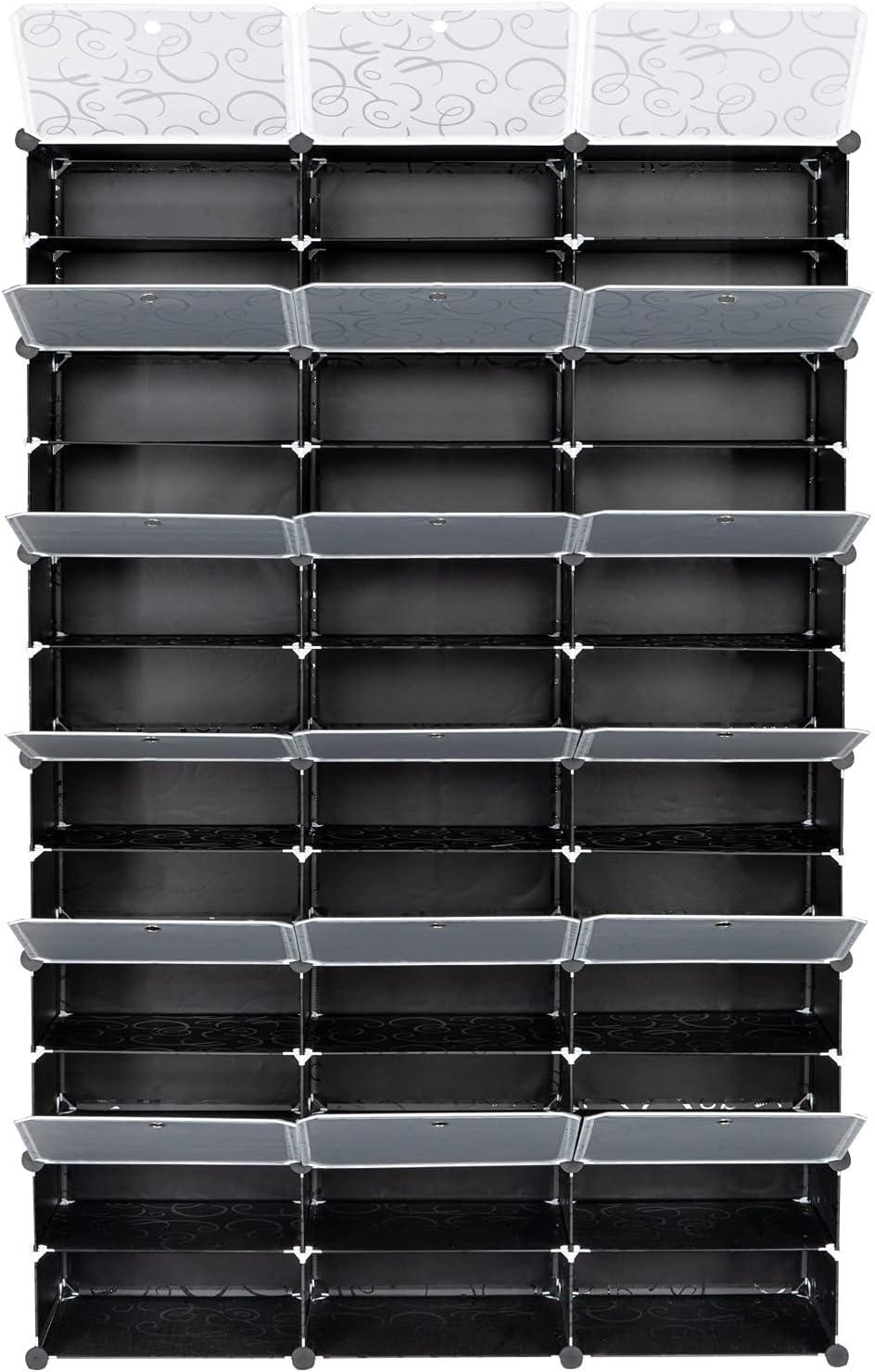 12-Tier Portable Shoe Rack Organizer,72 Pair Covered Shoe Storage Shelves Rack,36 Grids Tower Shelf Expandable Free Standing Storage Stackable Space forHeels,Boots,Slippers,Black