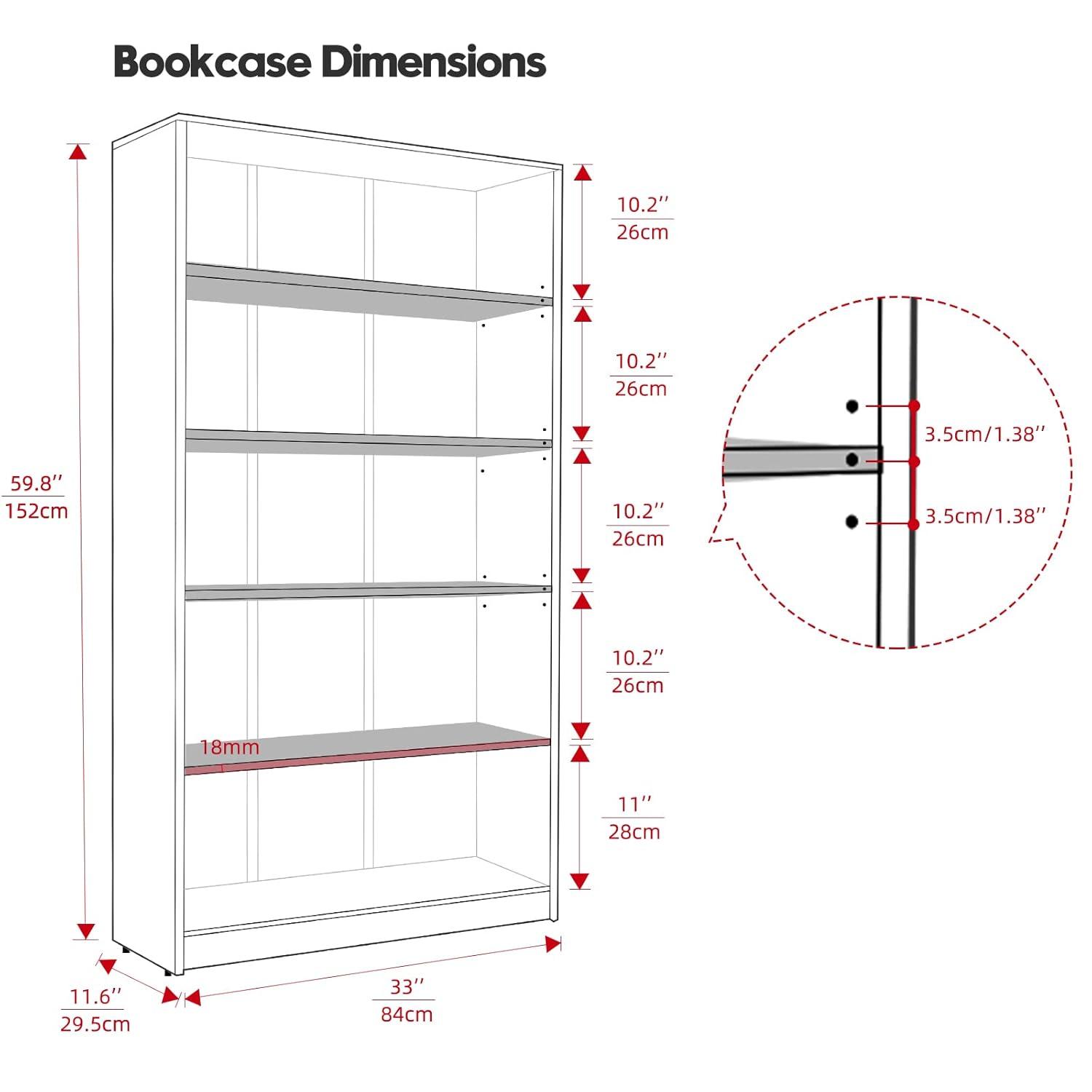 Wood Bookcase 5-Shelf Freestanding Display Wooden Bookshelf for Home Office School (11.6" D*33" W*59.8" H,White)