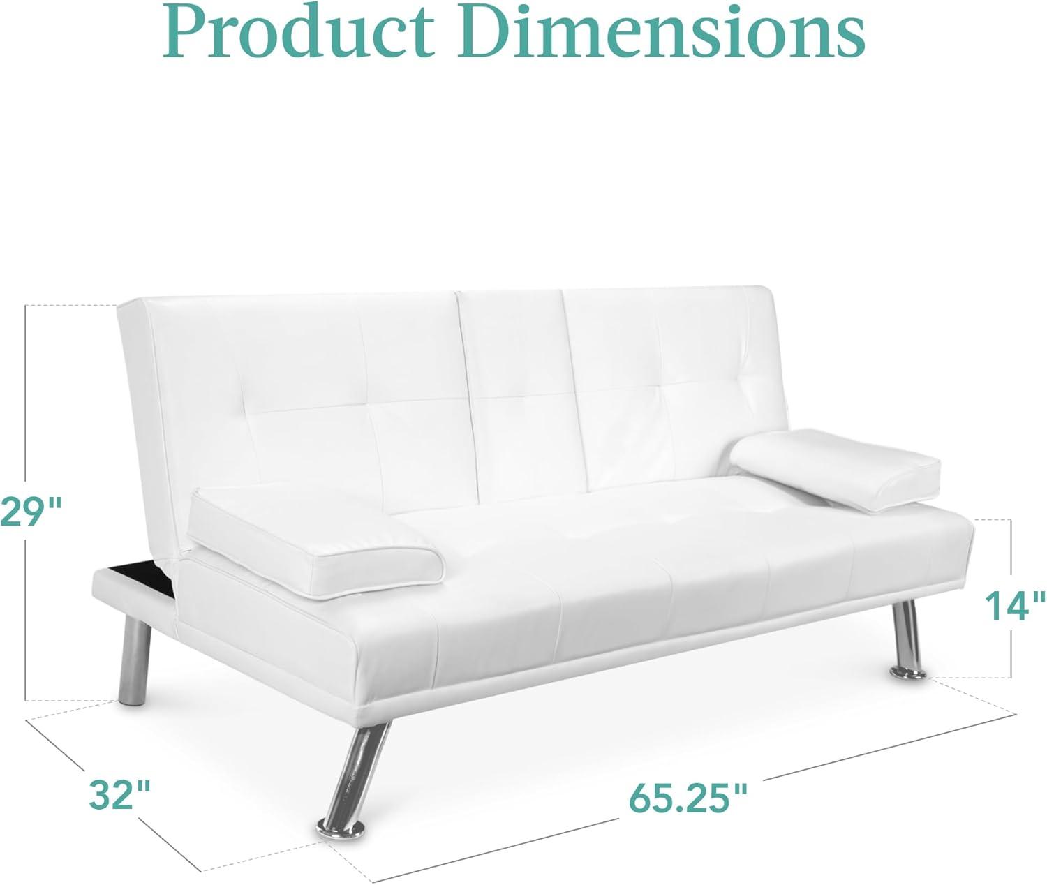 White Faux Leather Convertible Sleeper Sofa with Cup Holders