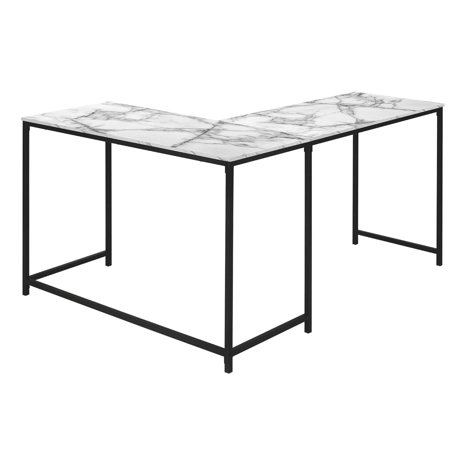 Monarch Specialties Computer Desk Home Office Corner 58InchL L Shape Work Laptop Metal Laminate White Marble Look Black Contemporary Modern