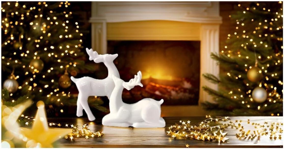 QIAOIDEA Pack 2 Porcelain Christmas Reindeer Figurines Mini Animal Reindeer Decor Deer Statues Sculpture Collectible Figurines