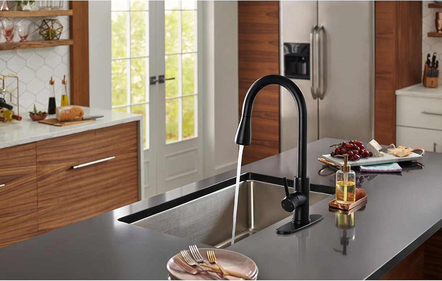 Zovajonia Matte Black Kitchen Sink Faucet Pull Down Single Handle Swivel Sprayer Mixer Tap