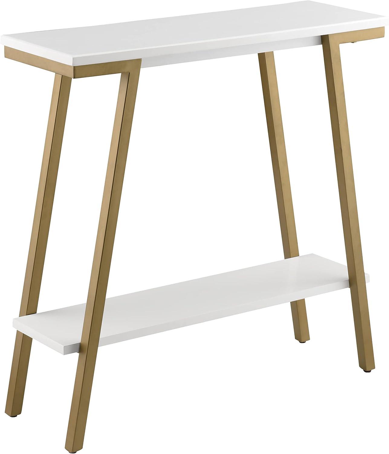 White Wood and Gold Metal Console Table with Storage