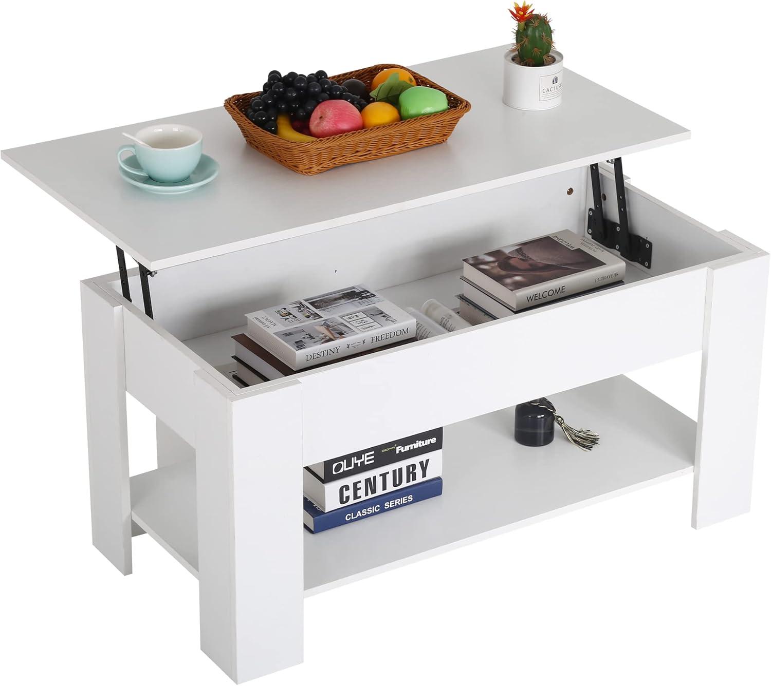 FDW Coffee Tables with Hidden Compartment and Storage Shelf Wooden Lift Tabletop Dining Table for Living Room Home (White)
