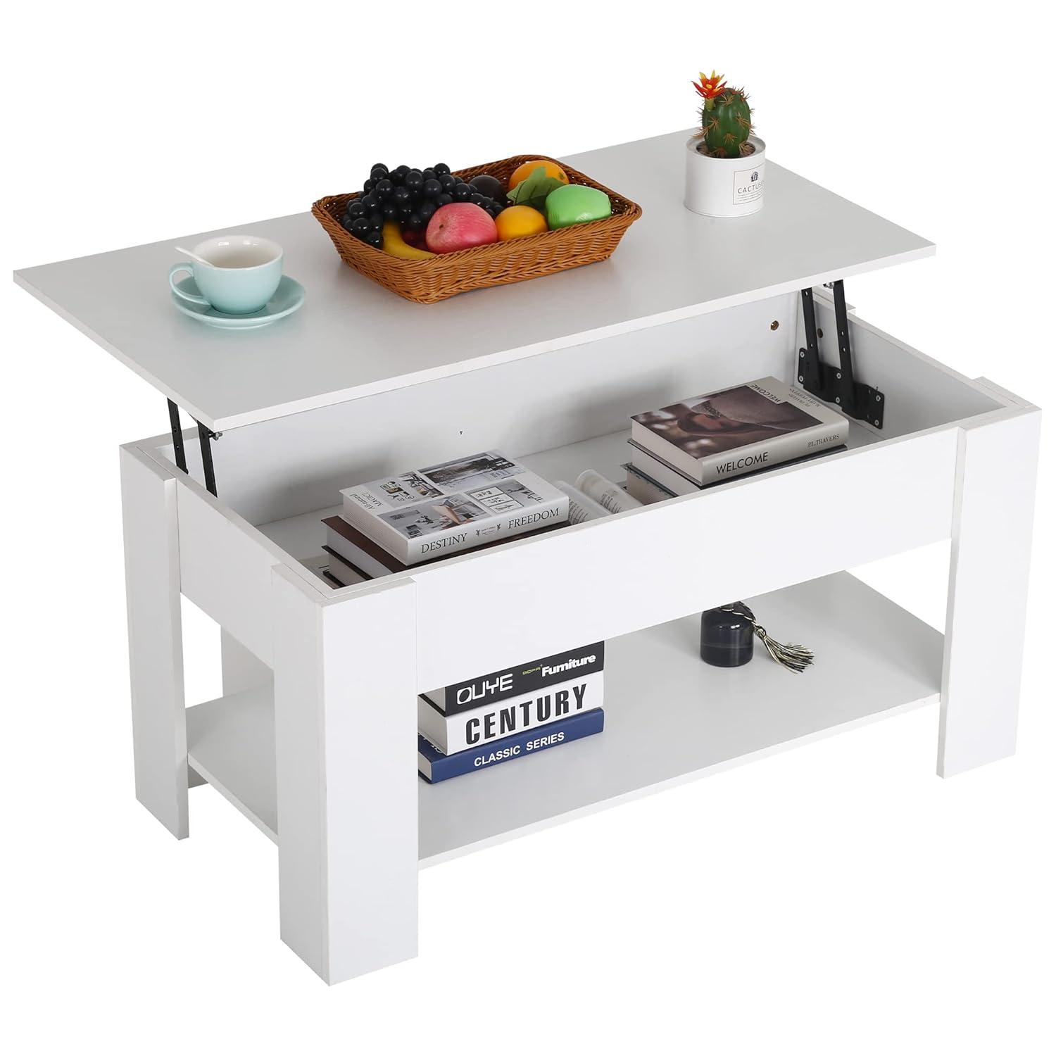 FDW Coffee Tables with Hidden Compartment and Storage Shelf Wooden Lift Tabletop Dining Table for Living Room Home (White)
