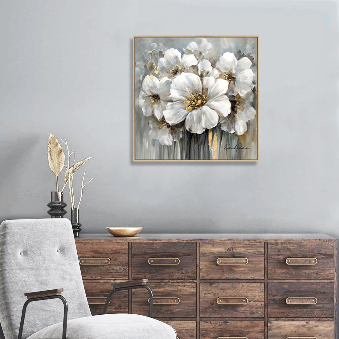 Square White and Gray Floral Canvas Painting with Gold Accents