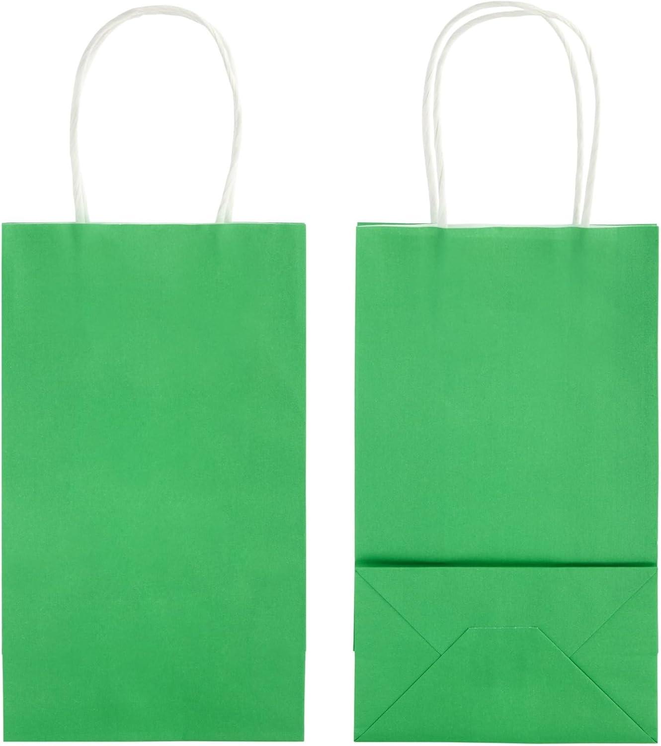 Blue Panda 25-Pack Green Gift Bags with Handles - Small Paper Treat Bags for Birthday, Wedding, Retail (5.3x3.2x9 In)