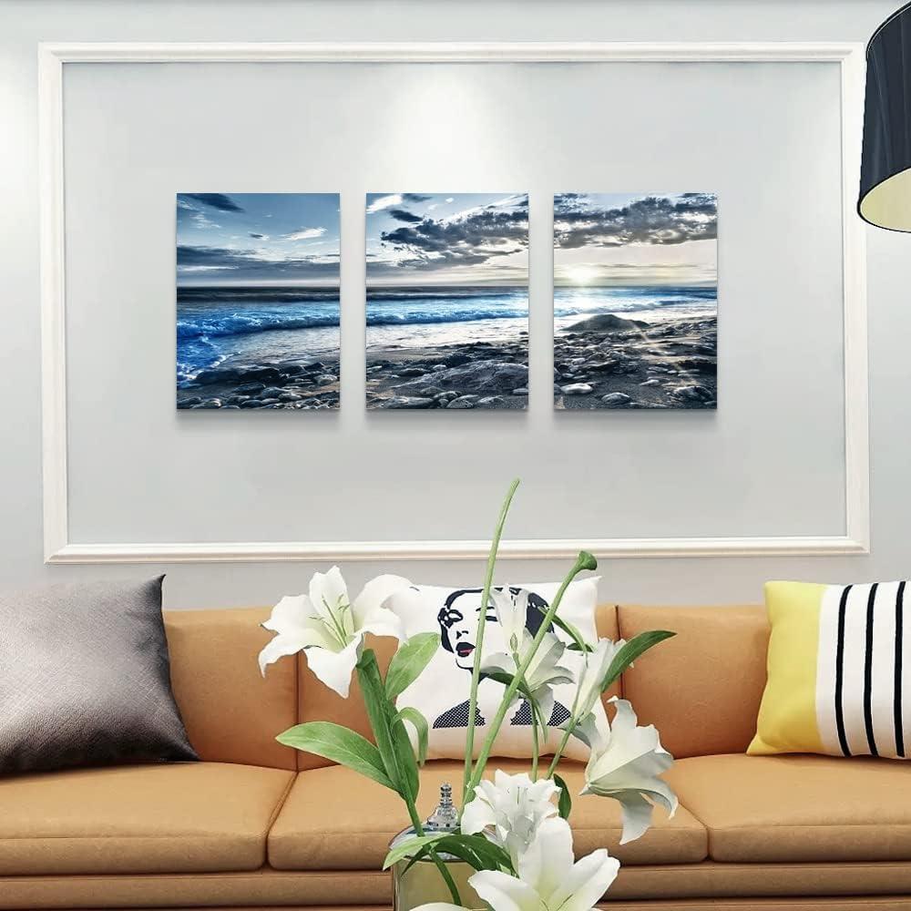 SERIMINO Beach Canvas Wall Art for Living Room, Blue Coastal Wall Decor for Bedroom, Seaside Pictures for Bathroom Wall Decoration, Ocean Painting Set for Office, Home Decor for Wall