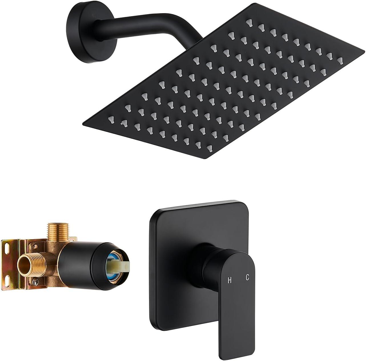 Matte Black Square Rain Shower Head with Mixer Valve