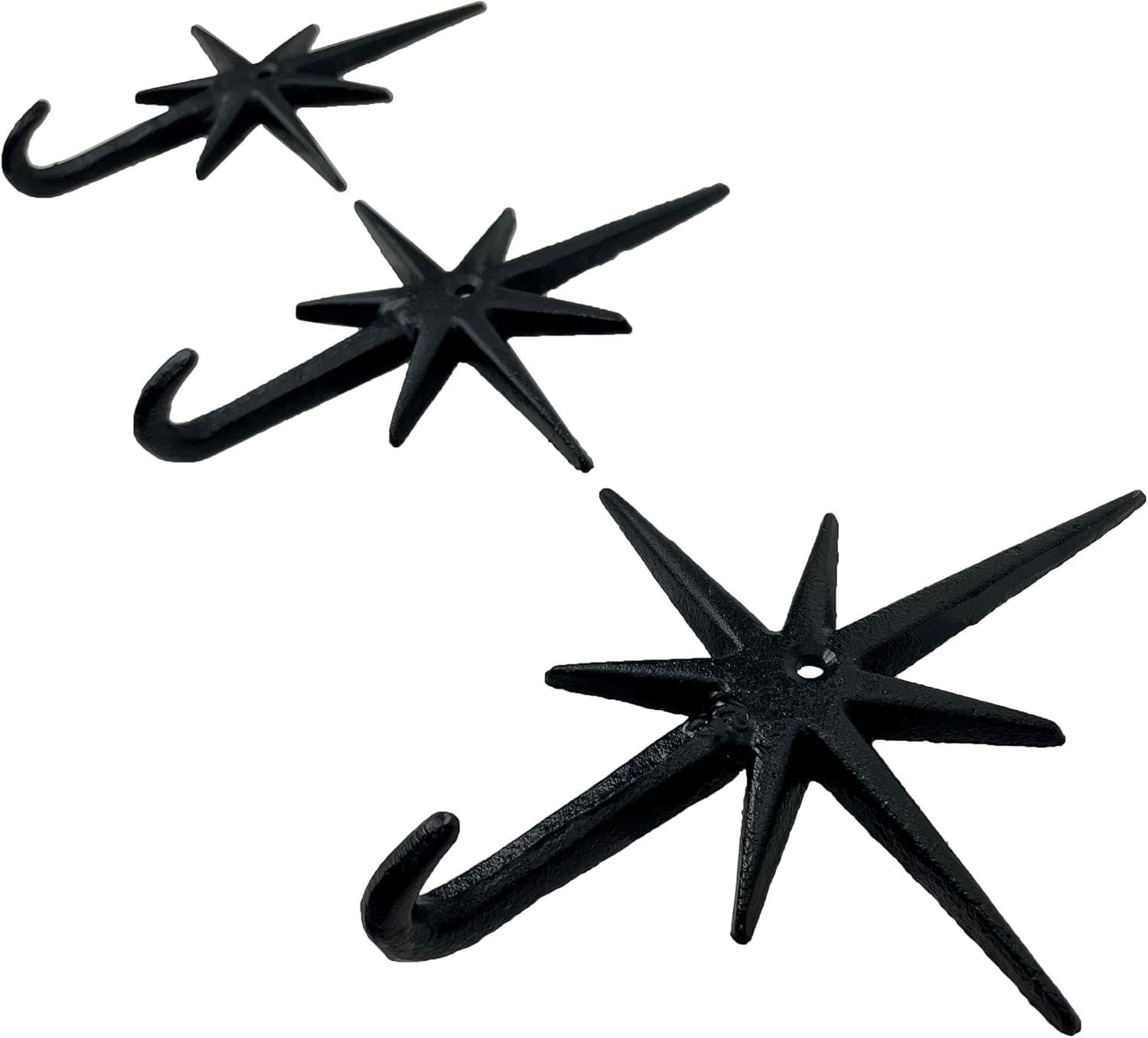 Zeckos Set of 3 Black Finish Cast Iron Atomic Starburst Wall Hooks - Black - Size 6.75 inch