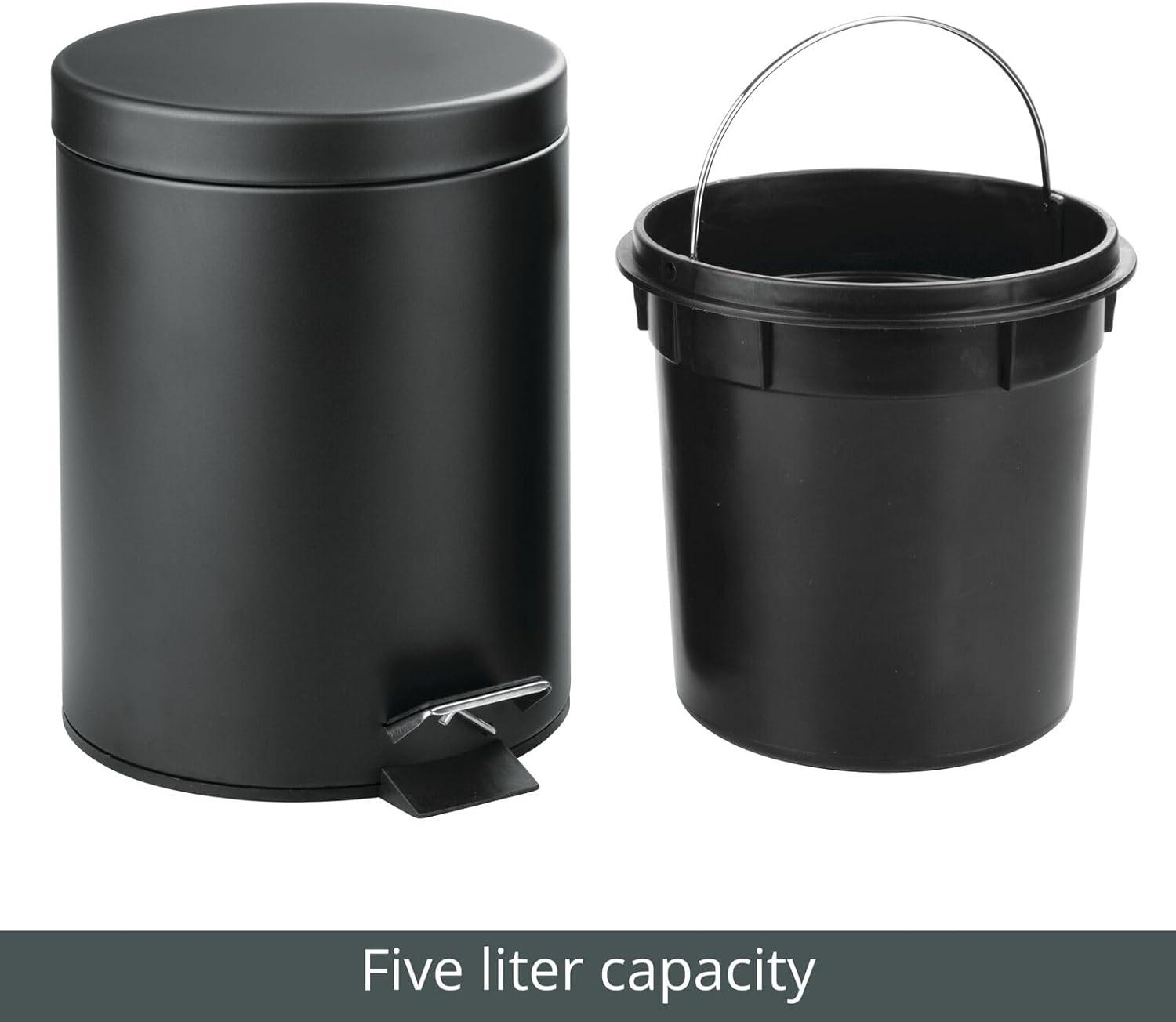 mDesign Small 1.3 Gallon Round Metal Step Trash Can with Liner/Handle - Black