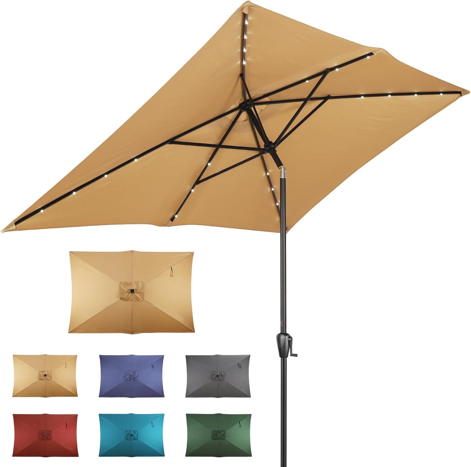 Sun-Ray 6.6x10 FT Solar LED Rectangular Patio Umbrella with Push-Button Tilt and Hand Crank Canopy Lift, Table Umbrella with Solution Dyed Navy Fabric for Porch, Deck, Garden, and Swimming Pool, Taupe