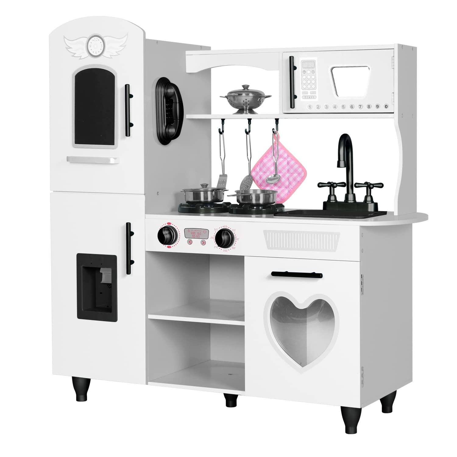 TaoHFE Play Kitchen, Pink Kids Kitchen Set for Girls Kitchen Set for Kids Ages 6-8 Gift Toddler Kitchen Set for Kid Age 3+ Kitchen Playset with Lights & Sounds Wooden Toy Kitchen Playset Gift