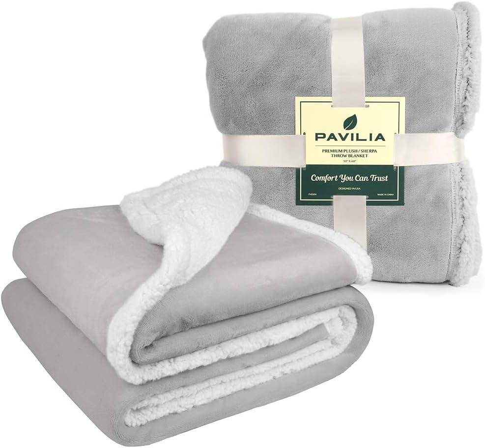 PAVILIA Premium Faux Shearling Fleece Throw Blanket for Bed, Reversible Warm Blanket for Couch Sofa