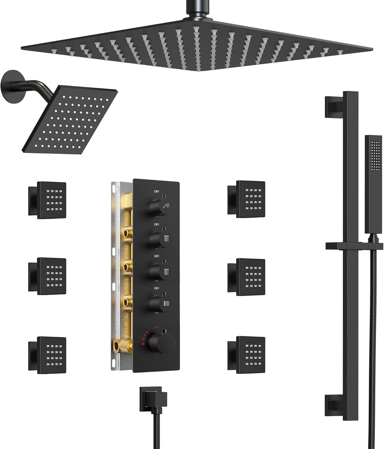 Matte Black Dual Shower System with Adjustable Body Jets