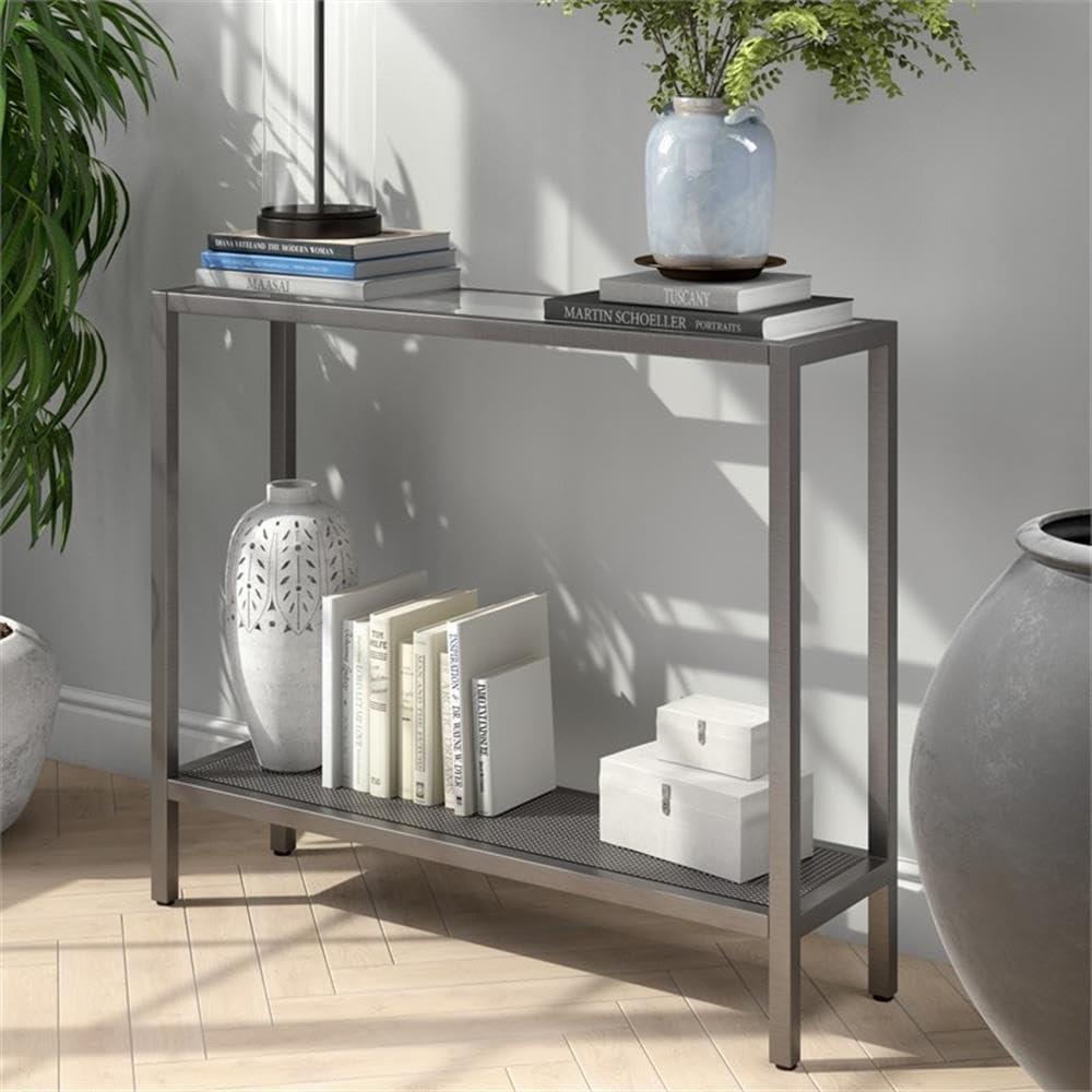 36"Industrial Metal Aged Steel/Console Table with Mesh Metal Shelf - Henn&Hart