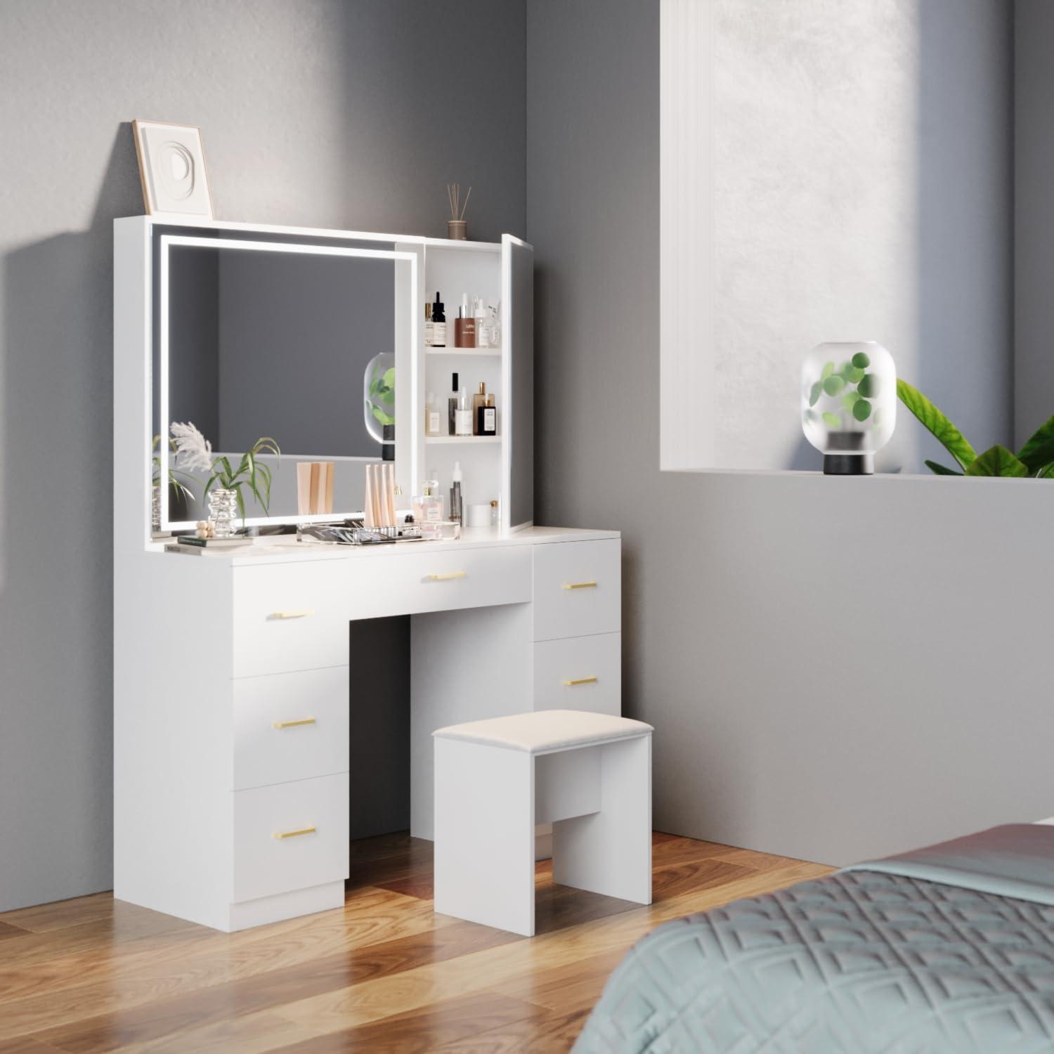 Vanity Desk with Lighted Mirror,Makeup Table with 7 Drawers,Wildhome Brand,Adult Age Group