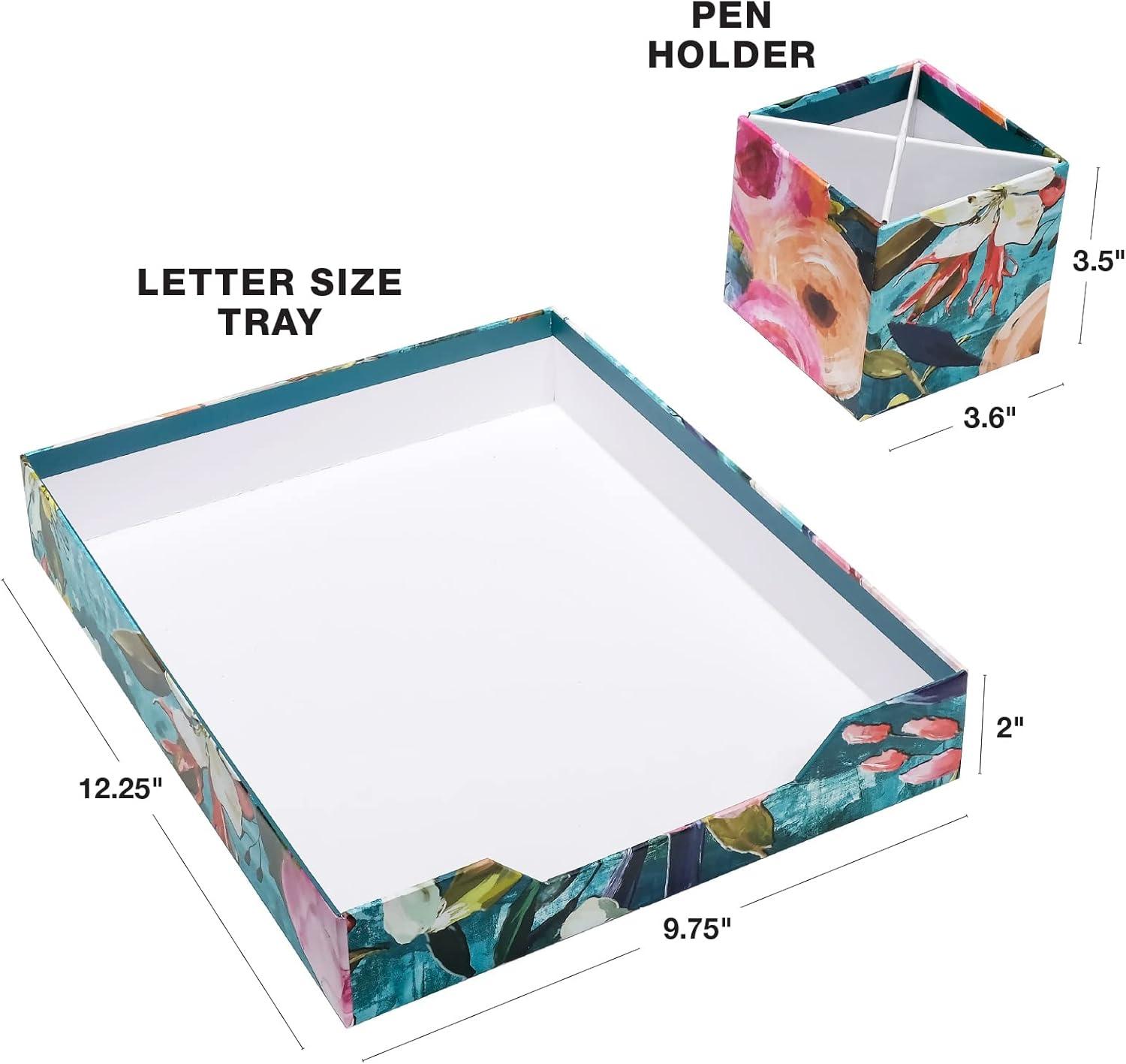 Global Printed Products Designer Printed Desk Organizer Set, Includes Letter Tray, Folder Stand, 3-Section Organizer, Pen Holder - Floral