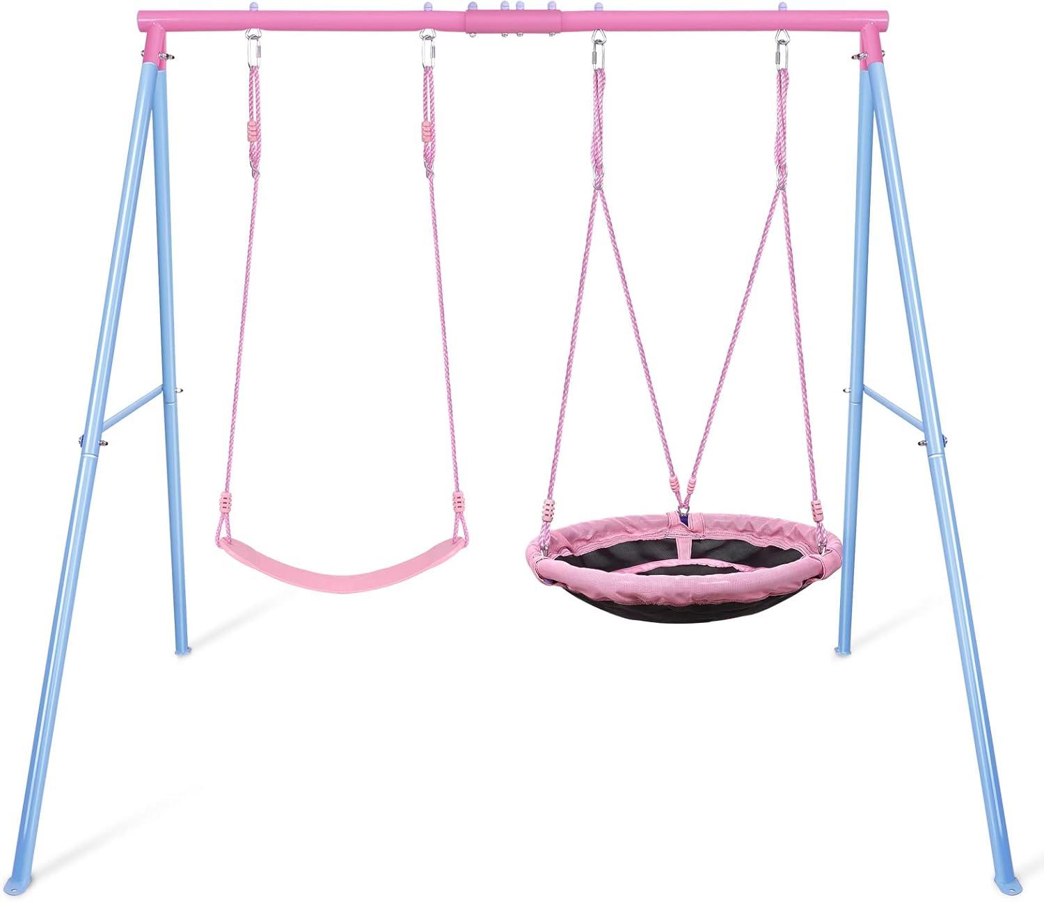 Outdoor Swings for Kids, 440lbs, Heavy-Duty A-Frame Metal Outdoor Swing Stand, 1 Saucer & 1 Belt Swing Seat for Playground, Backyard Blue