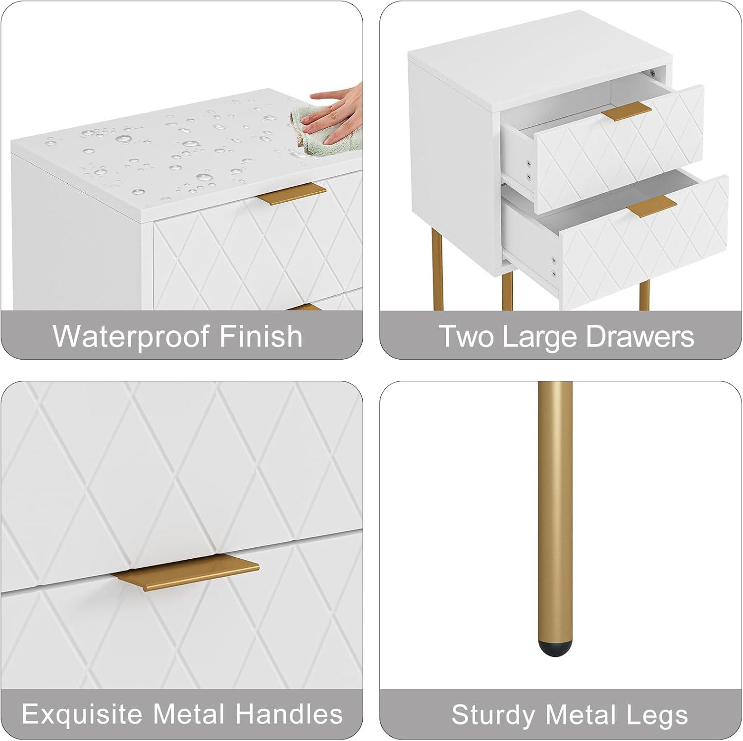 White and Gold Modern Nightstand with Drawer and Shelf