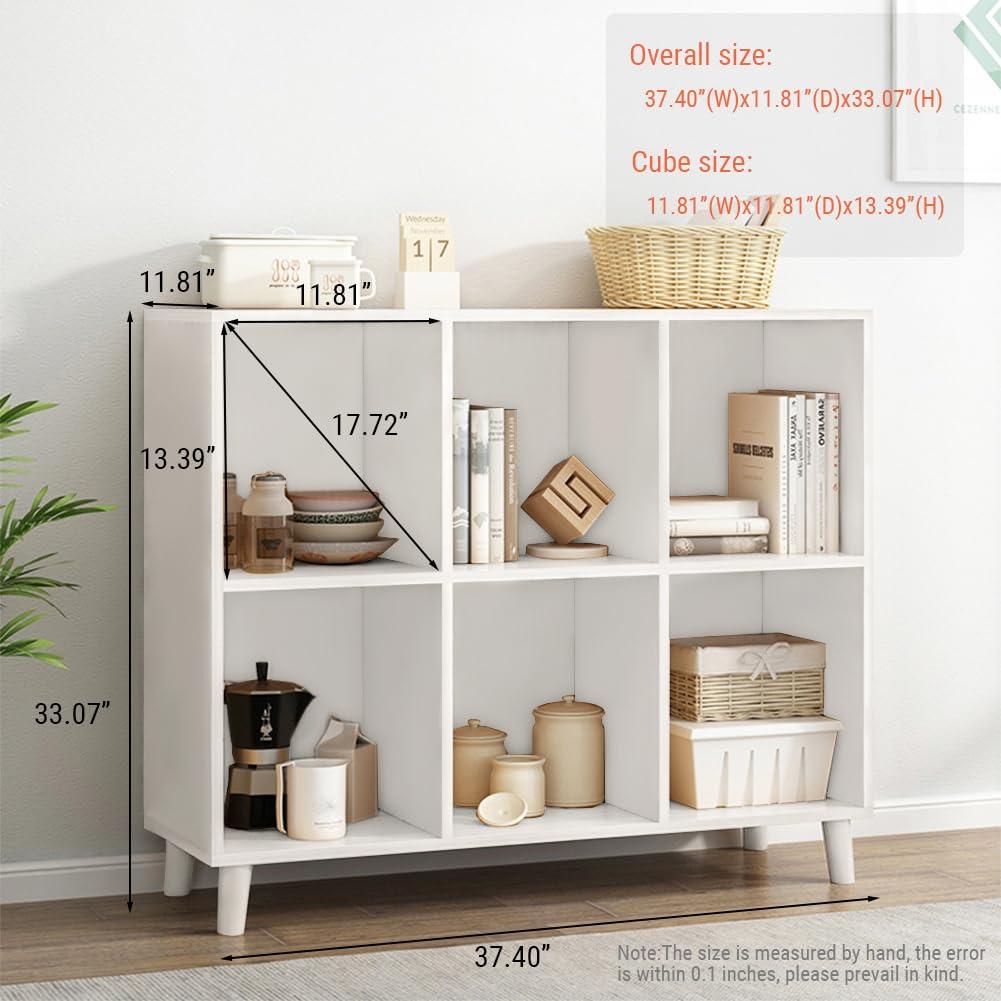 IOTXY Open Cube Low Bookcase - 2-Tier Freestanding Storage Display Cabinet Organizer with Legs for Home Office, 6-Cubes Open Shelf Short Bookshelf, White