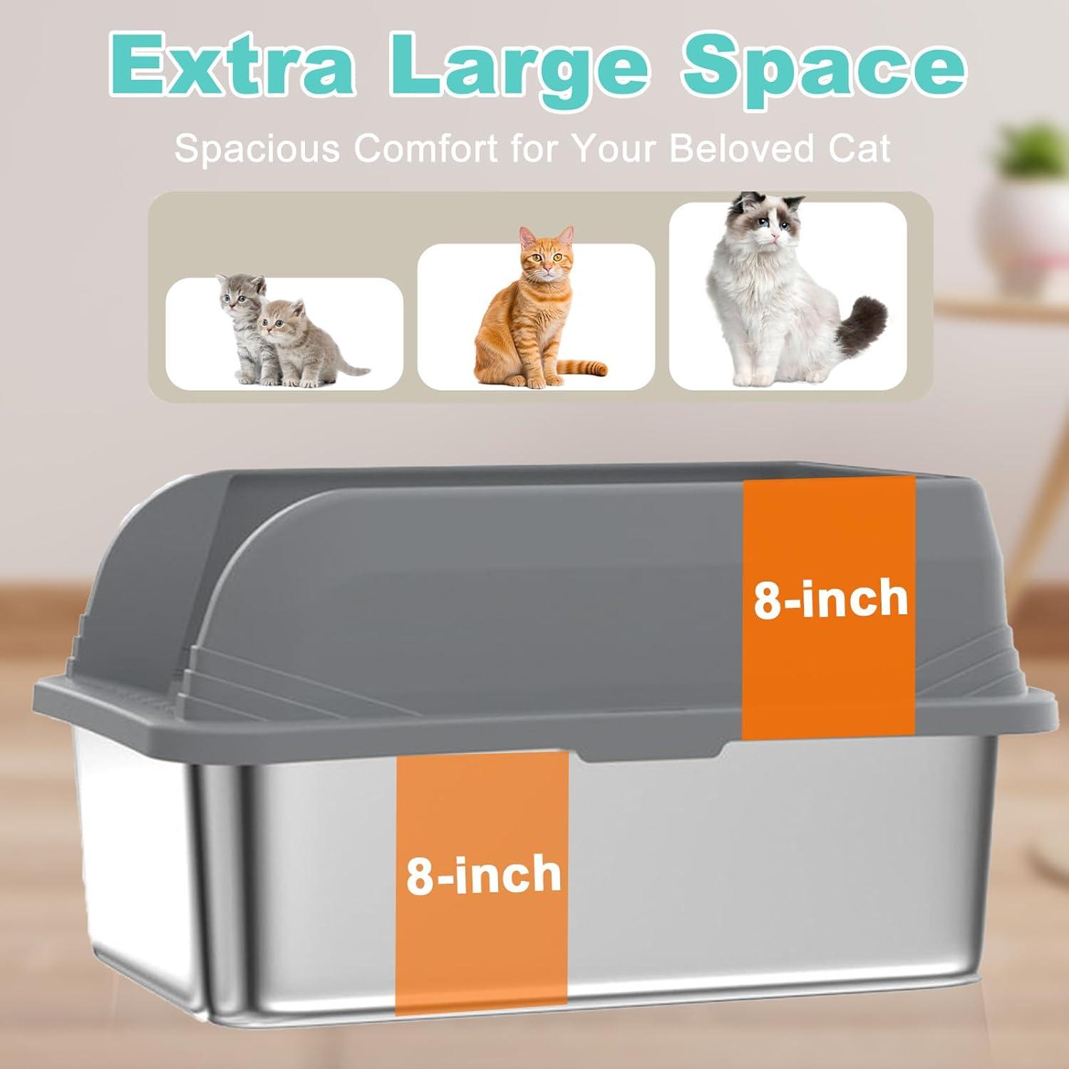 Enclosed Stainless Steel Cat Litter Box with Lid Extra Large Litter Box for Big Cats XL Metal Litter Pan Tray with High Wall Sides Enclosure, Non-Sticky, Anti-Leakage, Easy Cleaning