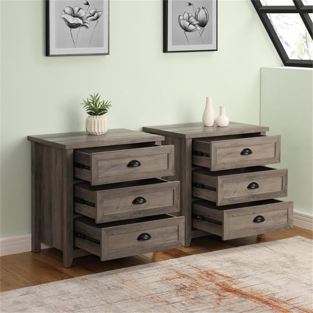 Grey Wash 3-Drawer Framed Nightstand Set, 2-Pack