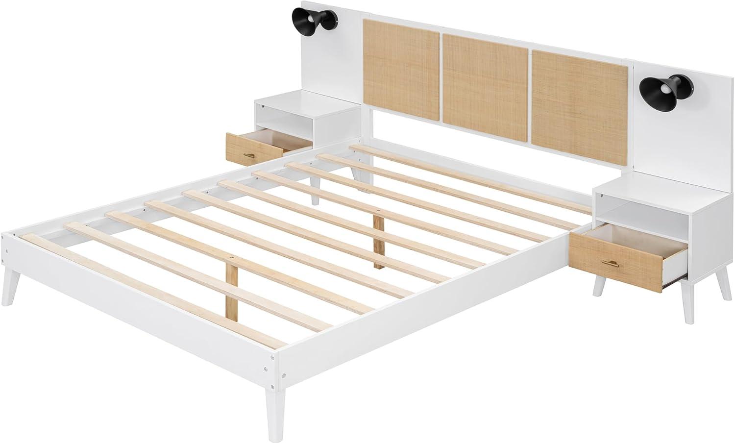 Queen Size Solid Wood Bed Frame with 2 Nightstands, Elegant Rattan and Wood Combination Platform Bed with Lamps, White - ModernLuxe