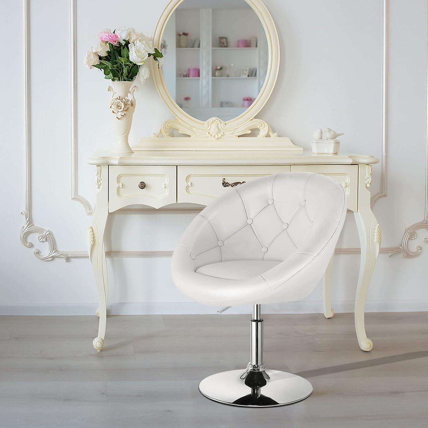 Costway 1PC Adjustable Modern Swivel Round Tufted Back Accent Chair PU Leather White
