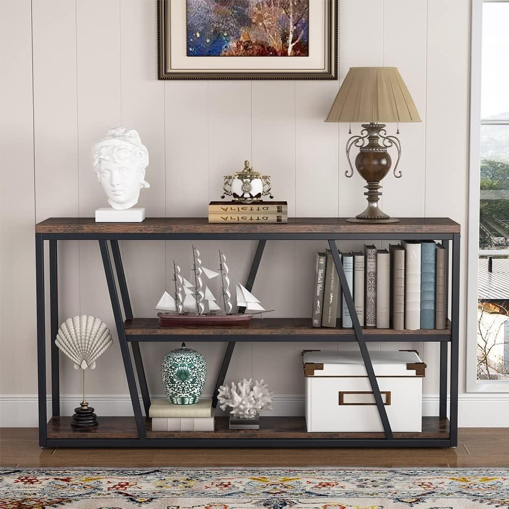 Rustic Brown Industrial 3-Tier Console Table with Shelves