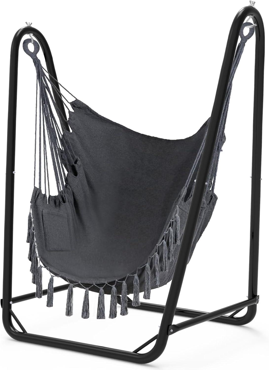 Gray Cotton U-Shaped Hammock Chair with Stand