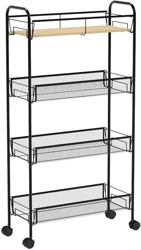 KINGRACK 4-Tier Slim Rolling Cart,Metal Utility Cart,Slide Out Storage Cart with Wooden Tabletop and Mesh Baskets for Narrow Space on Kitchen Bathroom Laundry Room Bedroom Apartments Dormitory, Black