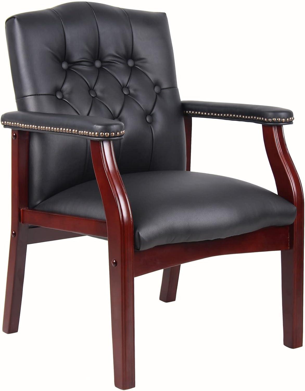 Classic Traditional Button Tufted Black Vinyl Guest Chair with Mahogany Wood Frame