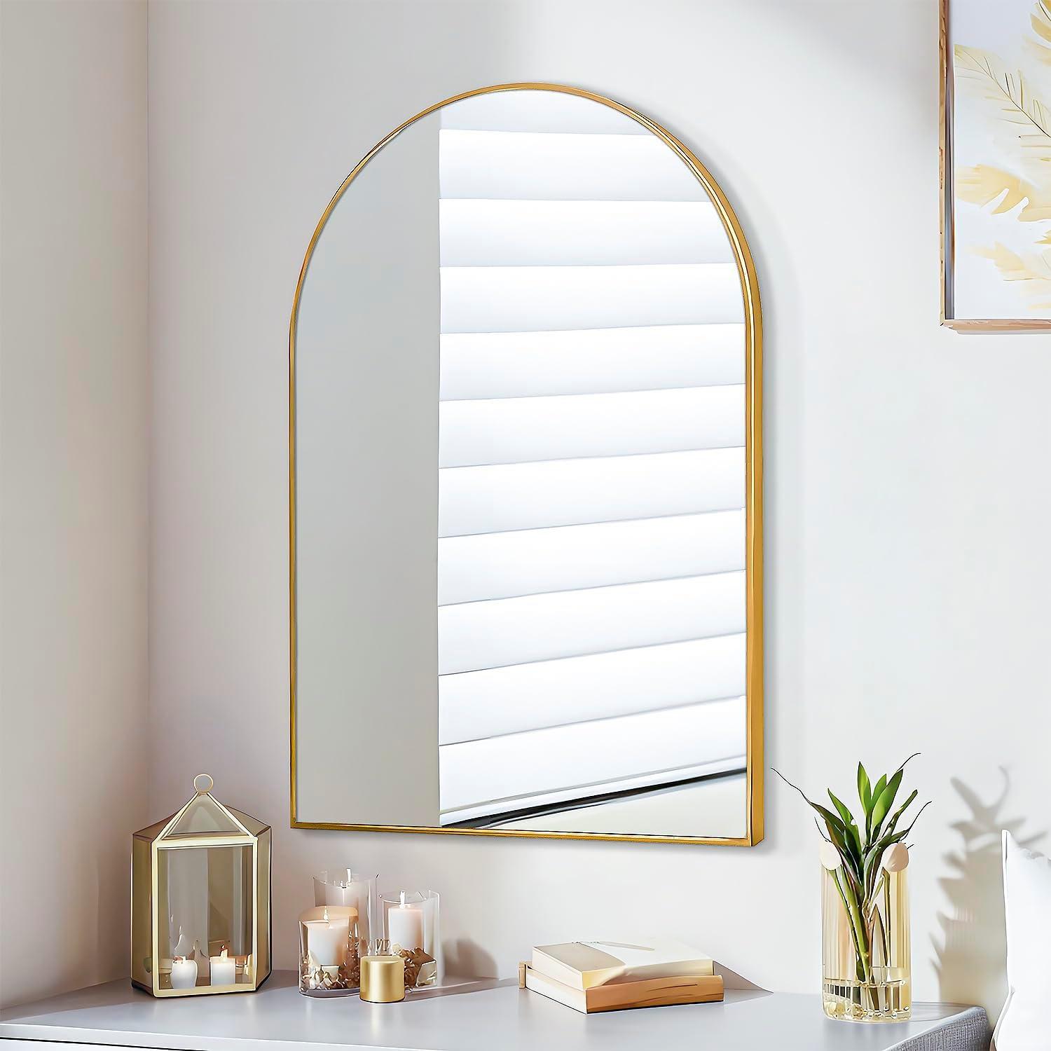 Luxhomez 36" x 24" Arch Wall Mirror for Vanity/ Bathroom, Metal Bathroom Mirror with Waterproof Aluminum Alloy Frame, Gold