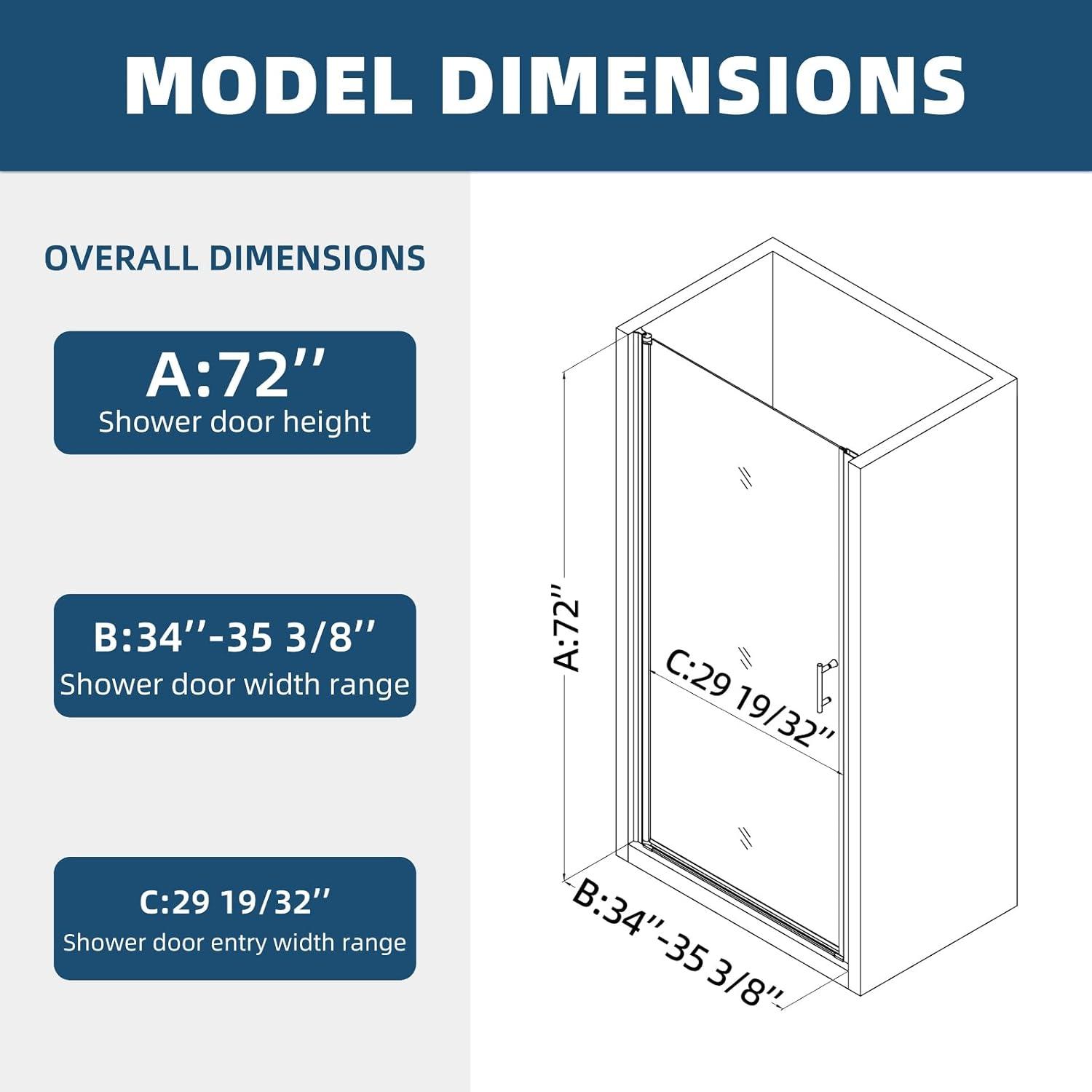 34" W x 72" H Frameless Pivot Shower Door, 1/4" (6mm) Clear SGCC Tempered Glass