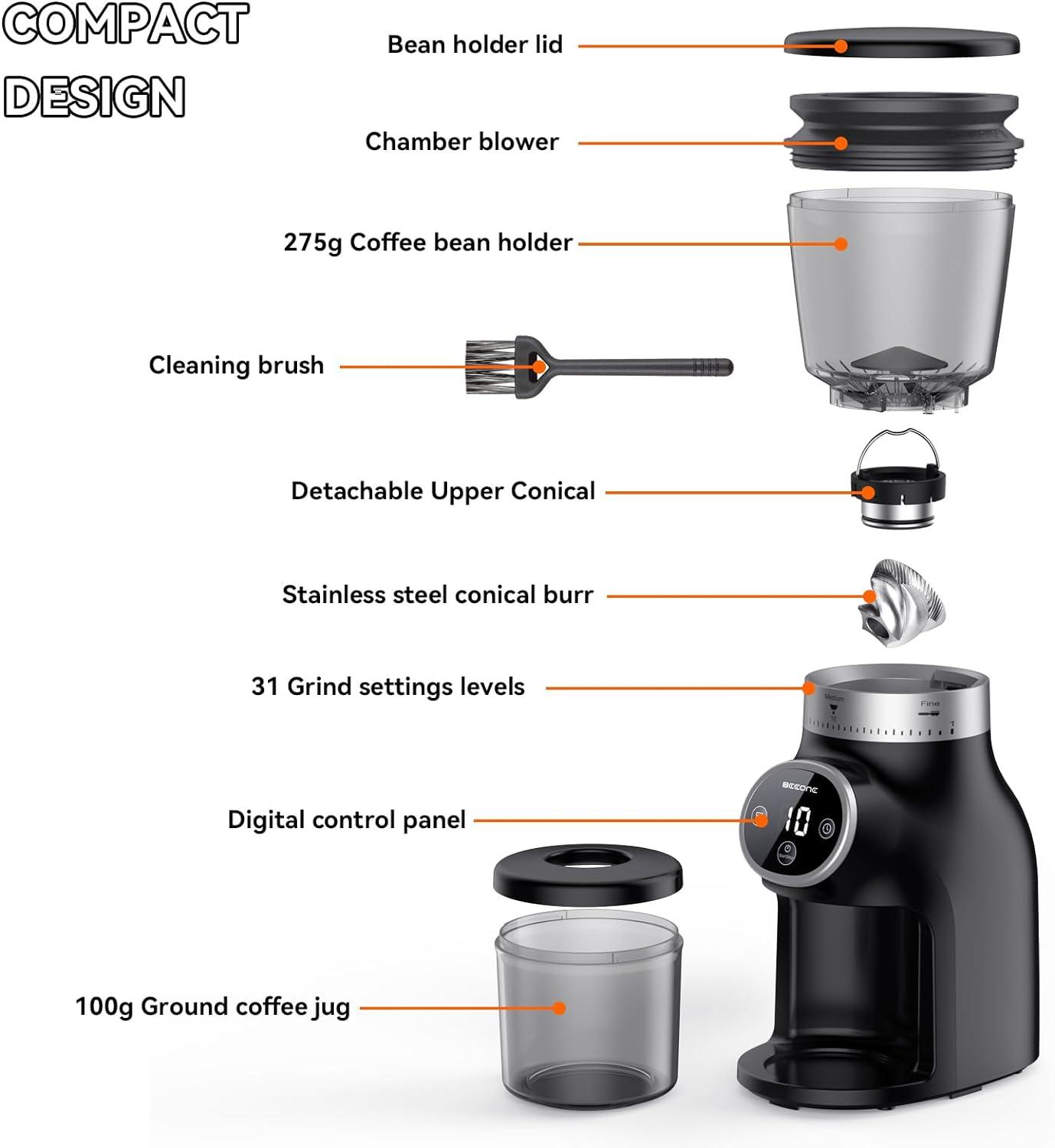 Black Electric Burr Coffee Grinder with Adjustable Grind Settings