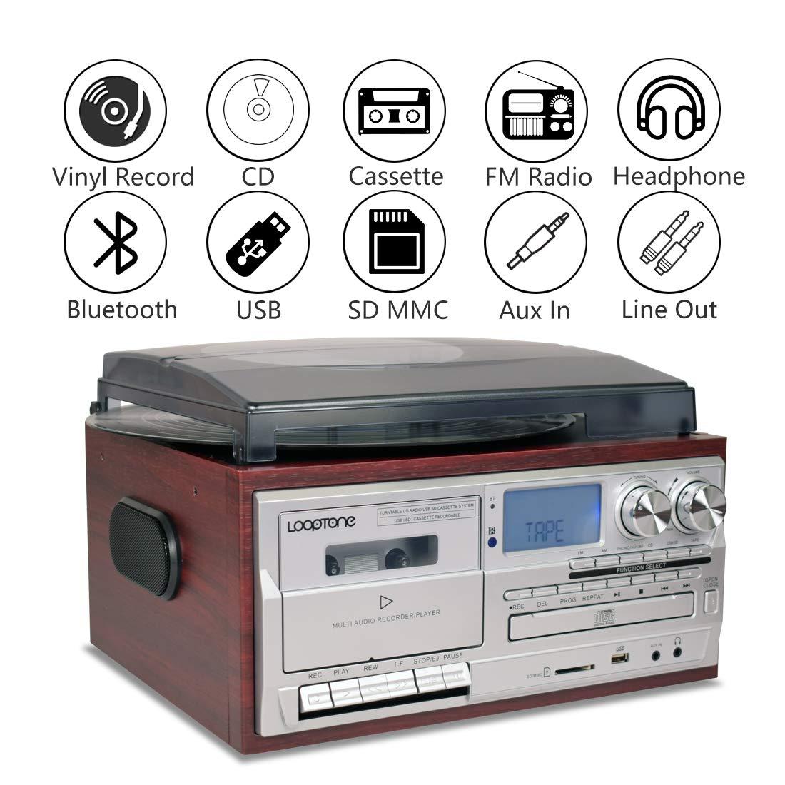 Record Player 9 in 1 3 Speed Bluetooth Vintage Turntable CD Cassette Vinyl Player AM/FM Radio USB/SD Encoding Aux-in RCA Line-Out (Silver)