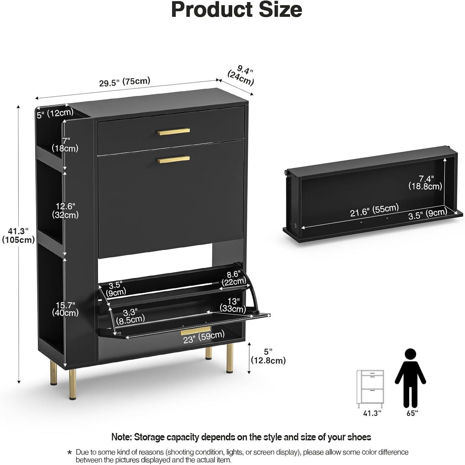Shoe Cabinet Storage for Entryway  Freestanding Slim Shoe Organizer Cabinet with 2 Flip Drawers  Narrow Shoe Rack with Open Shelves for Hallway  Living Room  White
