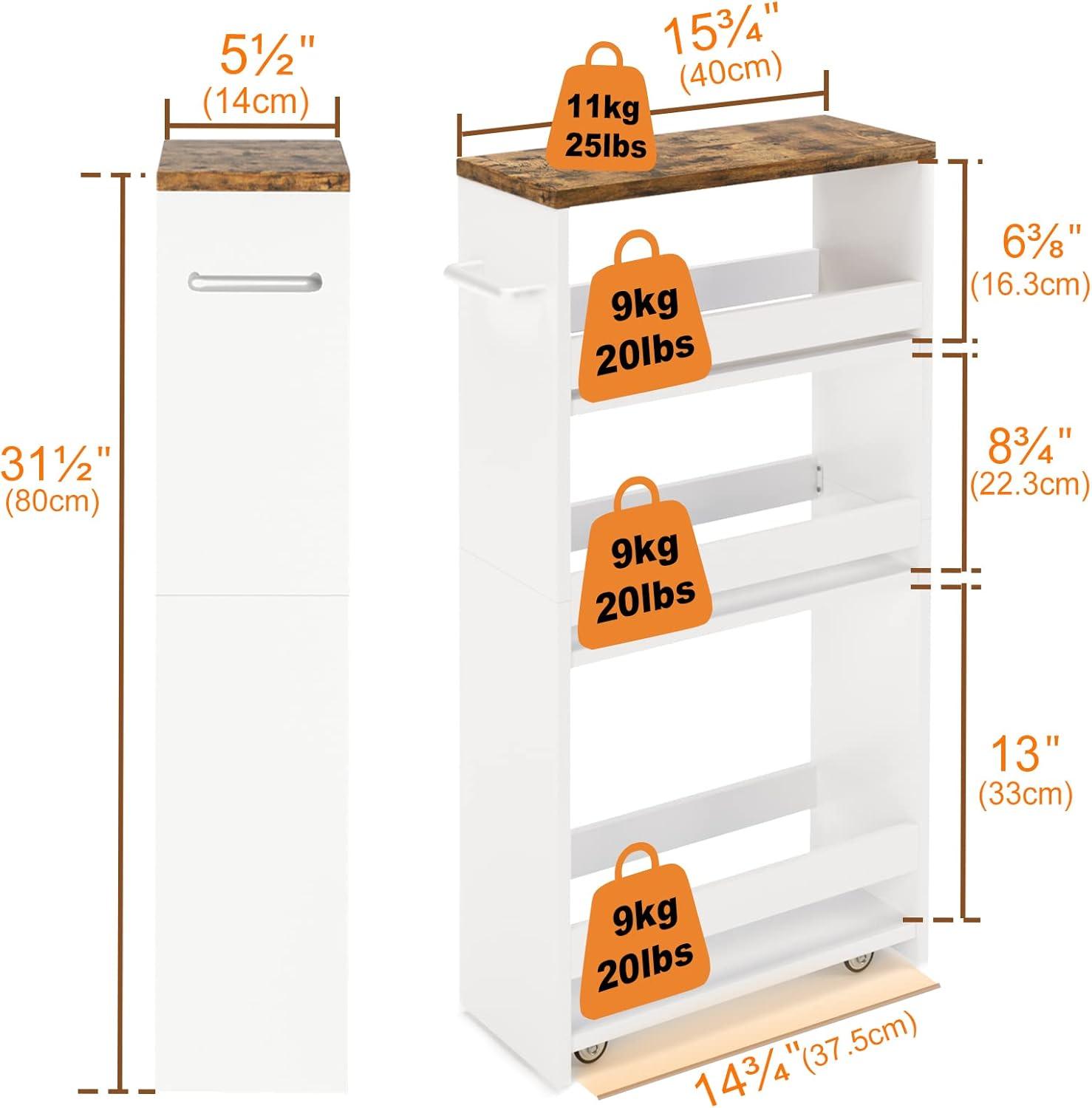 4 Tier White Slim Storage Cart with Handle, 7.9''W Slide Out Storage Rolling Utility Cart Mobile Shelving Unit Organizer Trolley for Small Spaces Kitchen Laundry Narrow Places