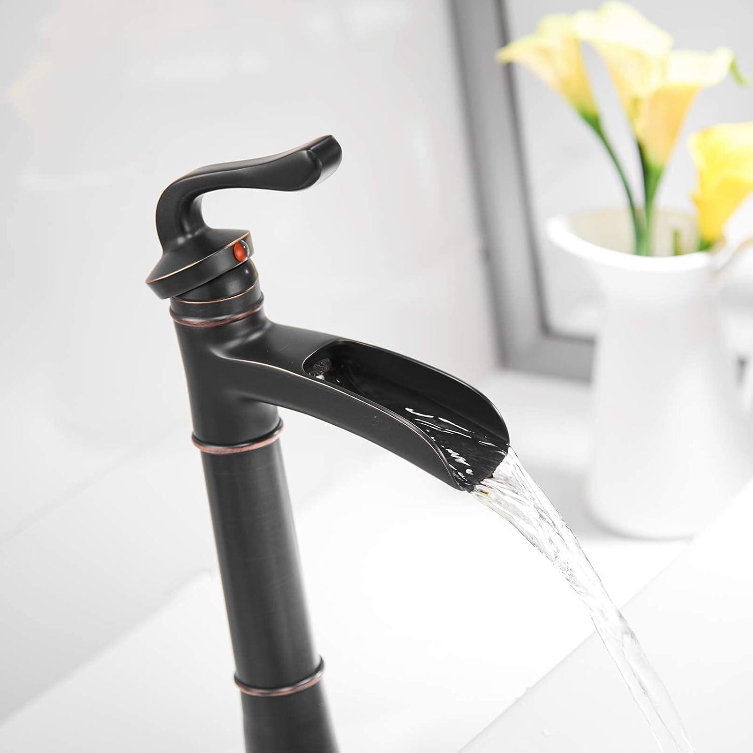 Vessel Sink Faucet Oil Rubbed Bronze Bathroom Faucet Waterfall Farmhouse Single Hole Single Handle for Sink Lavatory Faucets with Pop Up Drain Without Overflow Supply Line