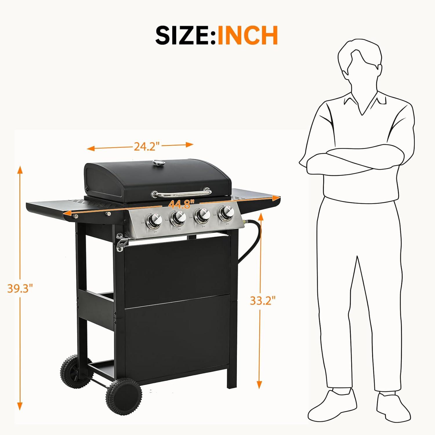 4 Burner Propane Gas Grill, Stainless Steel BBQ Grill 40,000 BTU for Outdoor Cooking Kitchen, Garden and Patio Backyard Barbecue, Black and Silver