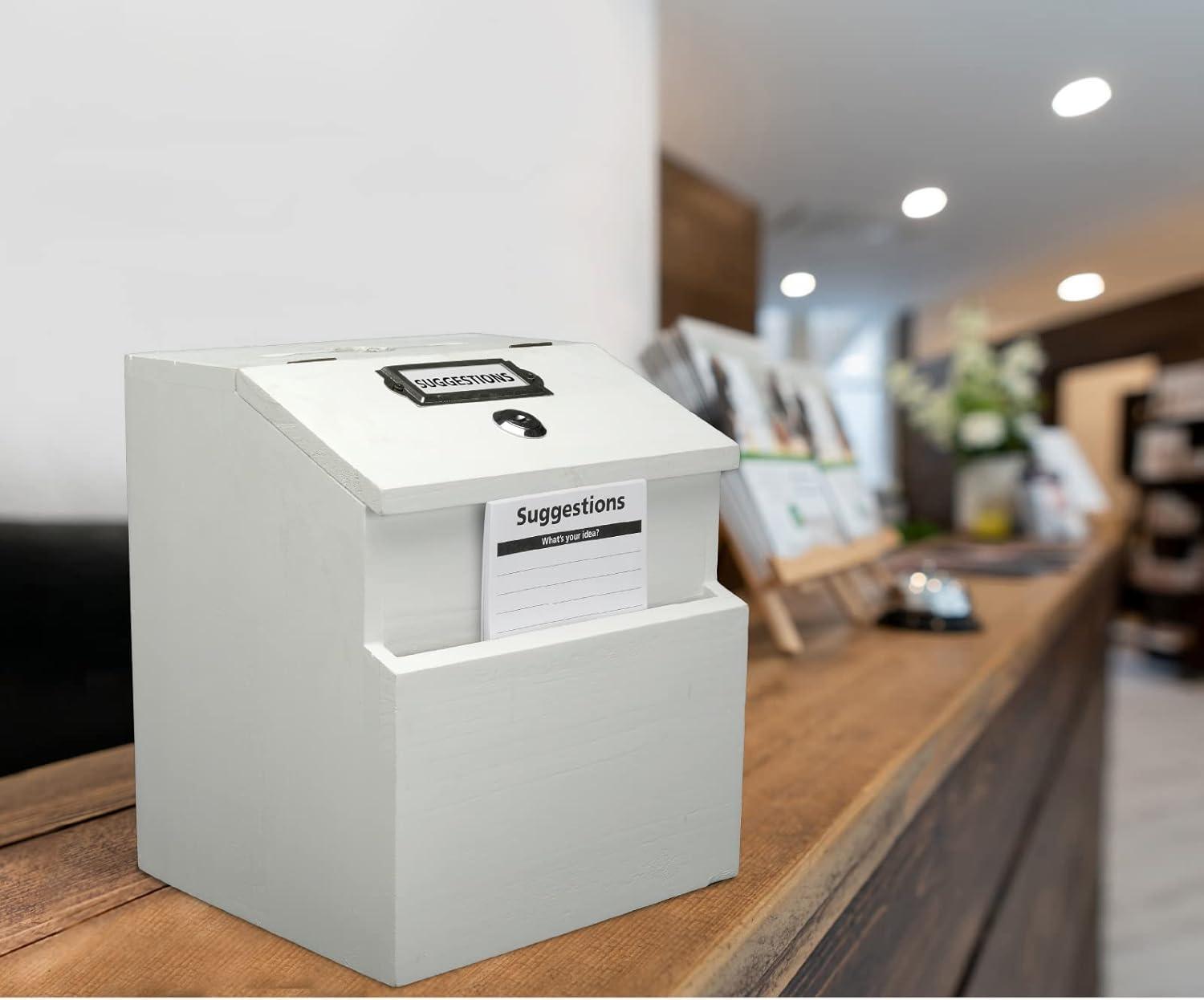 Excello Global Products White Suggestion Box with Lock: Wooden Ballot Comment Box, Wall Mounted or Freestanding. Includes Printed Labels & Suggestion Pads Cards - EGP-HD-0431