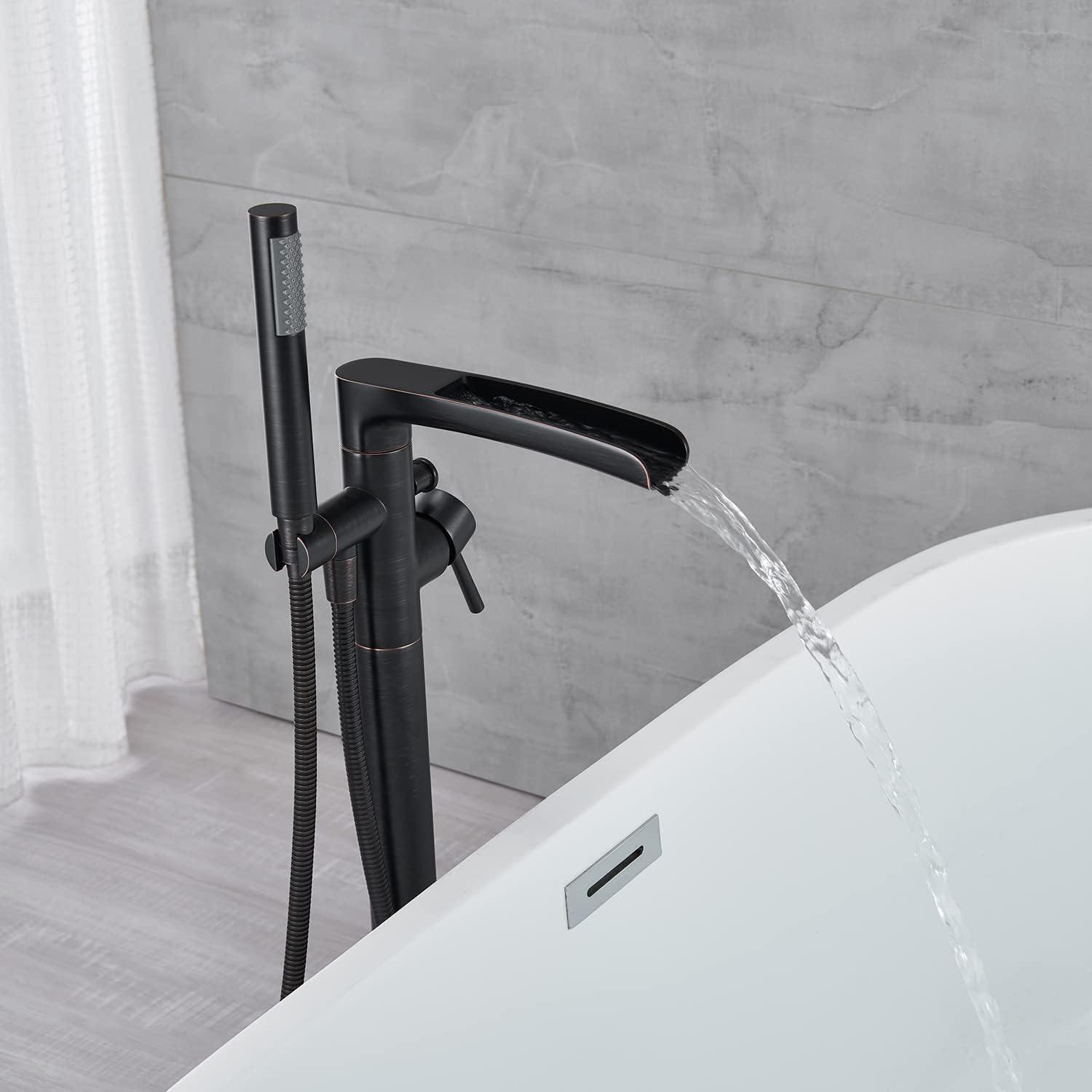 Free Standing Tub Faucet Brass Oil Rubbed Bronze Waterfall Freestanding Bathtub Faucet Floor Mount Tub Filler with Handheld Sprayer