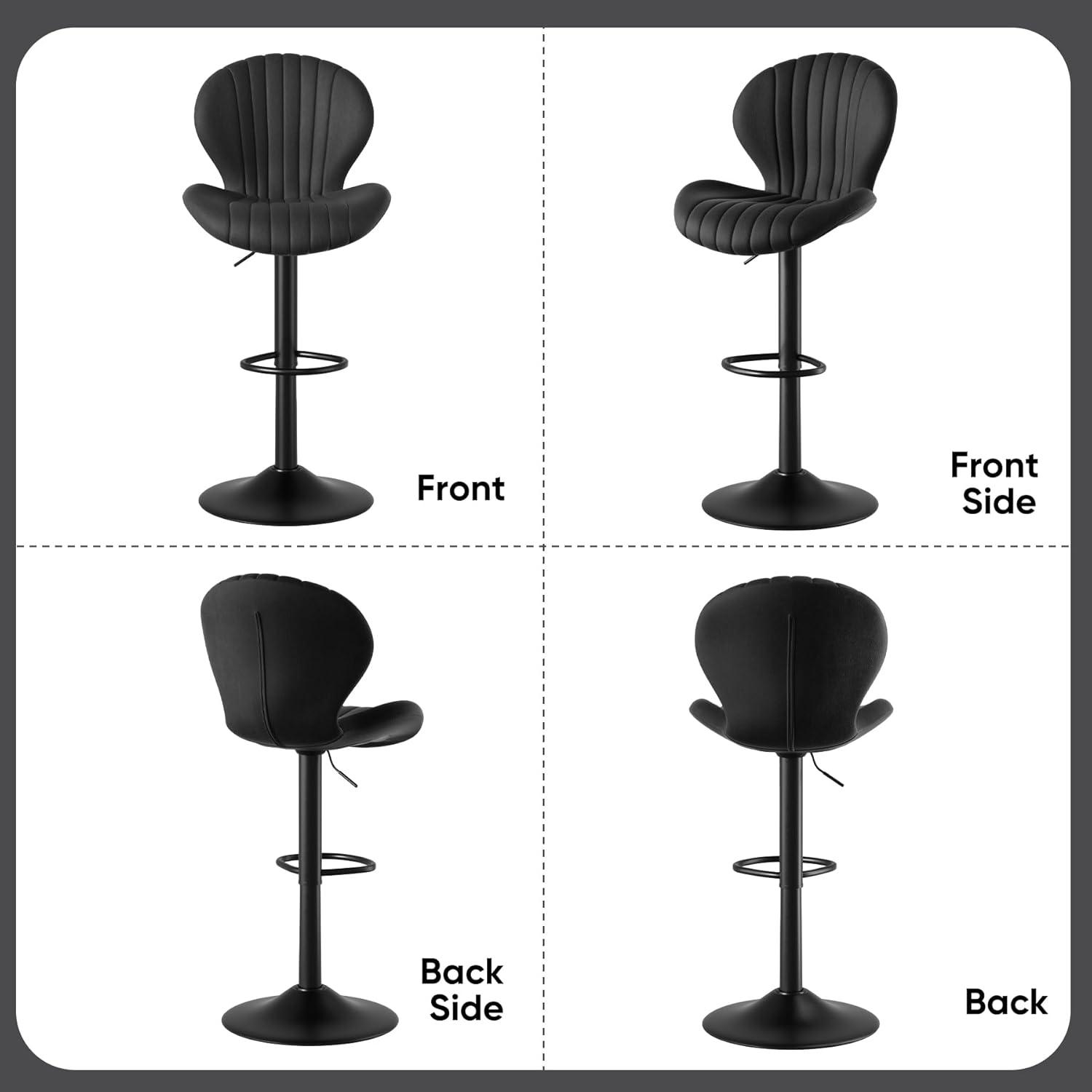 Modern Swive Bar Stools Set of 2 Adjustable Counter Height Bar Chairs with Curved Backrest for Kitchen Island Dining Room, Black