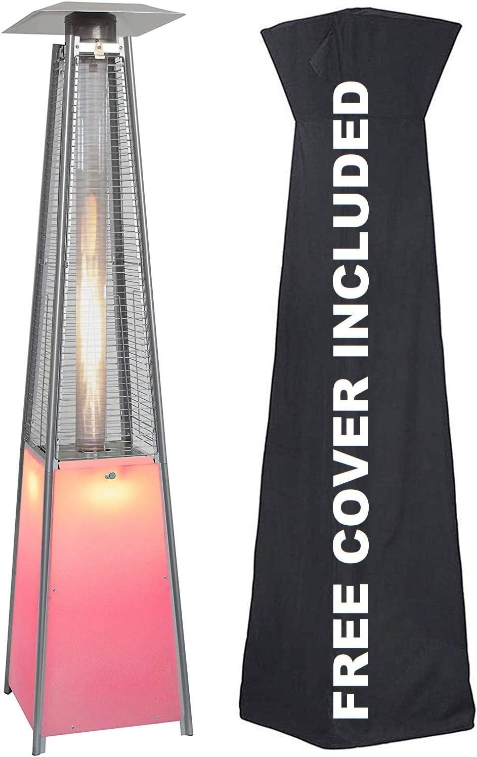 Avenlur Outdoor Patio Propane Heater - 42,000 BTU Pyramid Patio Heater with Color Changing LED Lights - Great for Outdoor Party, Restaurants, Outdoor Socializing w/ wheels, Includes Protective Cover