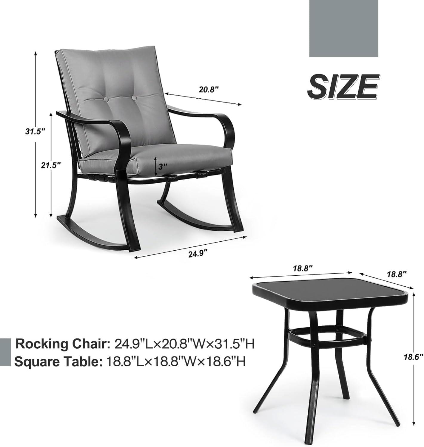 Crownland Outdoor Rocking Chairs Patio Furniture 3 Piece Patio Set Bistro Table Set Black Iron with Thickened Cushions and Glass Coffee Table, Grey