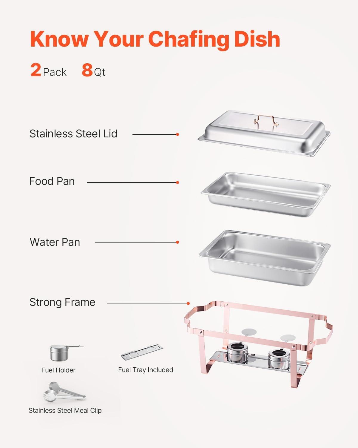 KFFKFF 2 Pack Chafing Dish Buffet Set, 8 Qt Stainless Steel Chafing Dishes with 2 Full Size Trays, Lid, Water Tray, Stand, and Fuel Holder, Ideal for Parties, Events, Wedding, Camping, Dinner