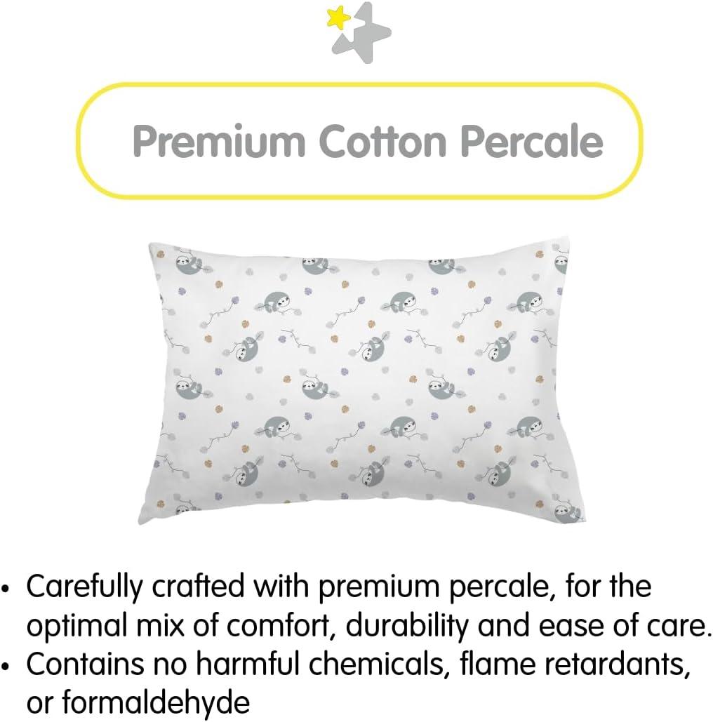 BreathableBaby Cotton Percale Pillowcase, For 13" x 18"/33 x 46 cm Toddler Pillow, Sloths (2-Pack)