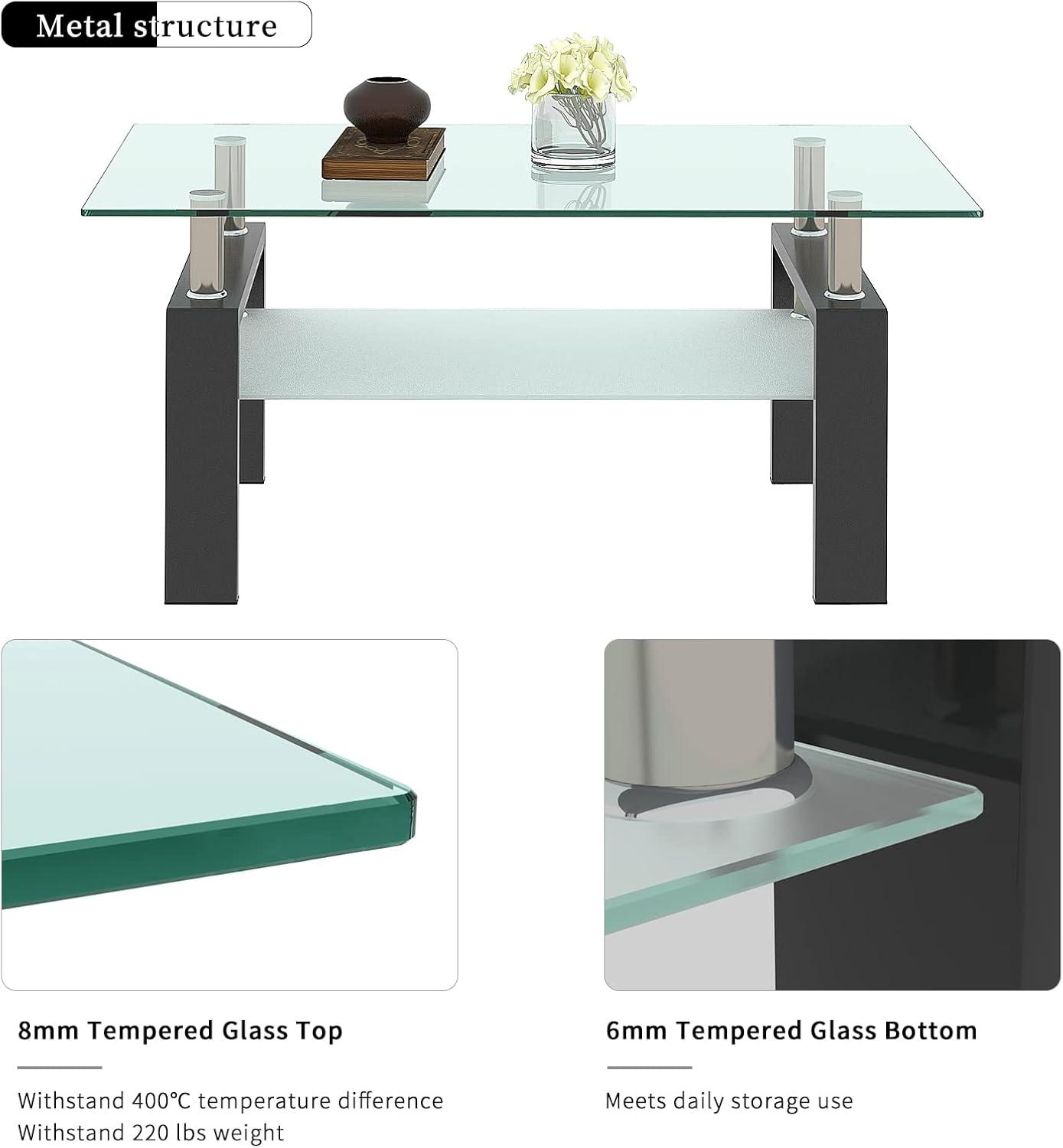 Glass Coffee Table Set of 3 Piece, Living Room Table Set of 3, Black Coffee Table and End Coffee Table Sets, Metal Frame (Black C, Set of 3)